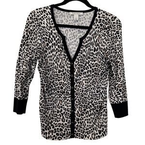 WHITE HOUSE BLACK MARKET 3/4 Sleeve Leopard Cardigan Sweater W/ Black Size Small